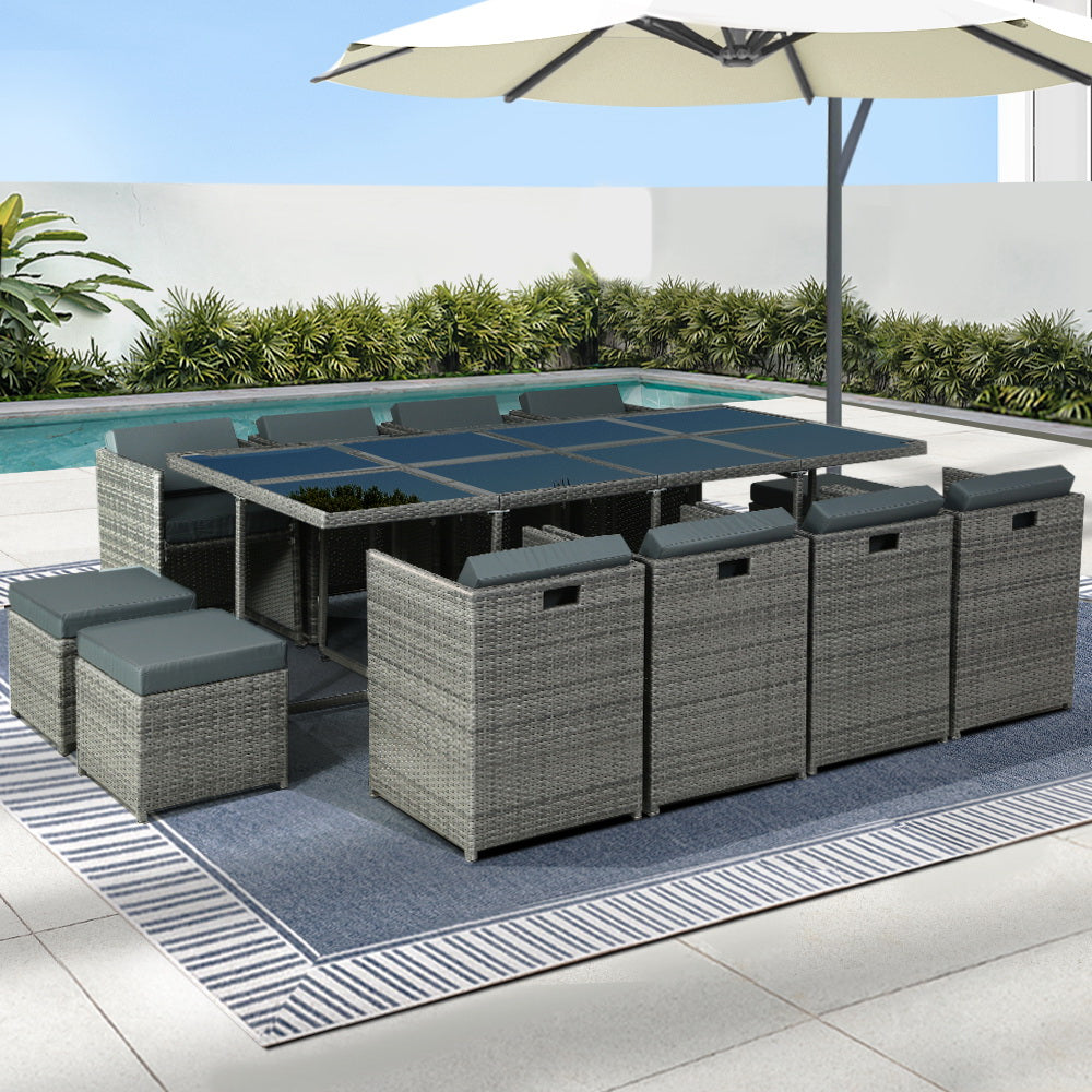 Sorrento Premium 13 Piece Outdoor Dining Set - Grey, Red & Beige Cushions